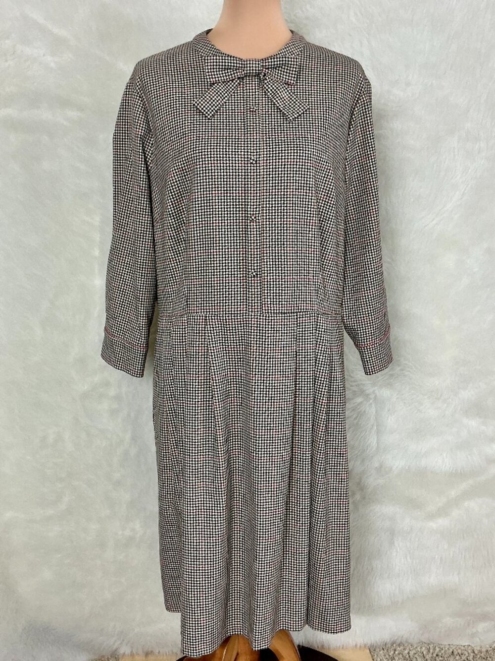 Gal Meets Glam Houndstooth Check Bow 3/4 Sleeve Blanche Fit & Flare Dress 20
